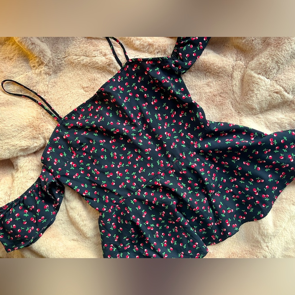 NWT Blue Rain Off the Shoulder Black w/Cherry Print Peplum Blouse, M